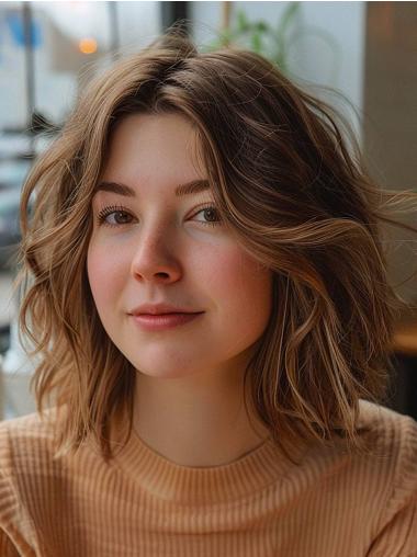 Medium Length Wigs Human Hair Shoulder Length 12" Monofilament Without Bangs Wavy Wigs