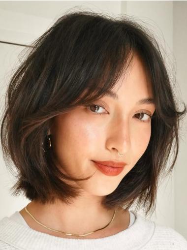 Medium Length Wigs Human Hair Shoulder Length 12" Monofilament Bobs Straight Wigs