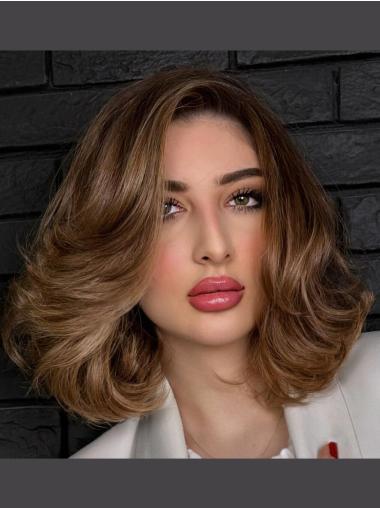 Medium Wavy Wig Shoulder Length Remy Human Hair Brown Bobs 14" Monofilament Wigs