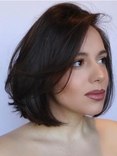 Medium Straight Wig Bobs Monofilament Remy Human Hair Shoulder Length Black 12" Wigs