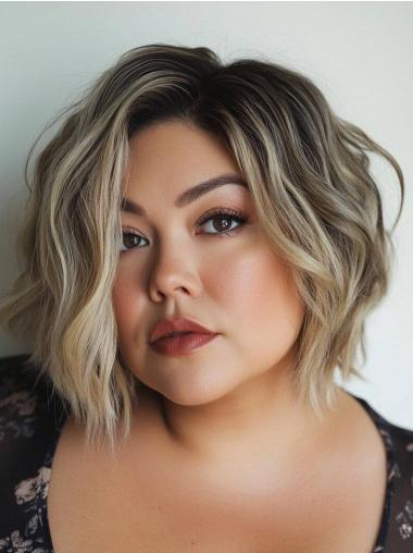 Medium Wavy Wig Shoulder Length Remy Human Hair Ombre/2 Tone Bobs 12" Monofilament Wigs