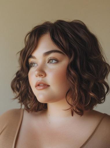Medium Curly Wig Shoulder Length Remy Human Hair Bobs Brown Monofilament 12" Wigs