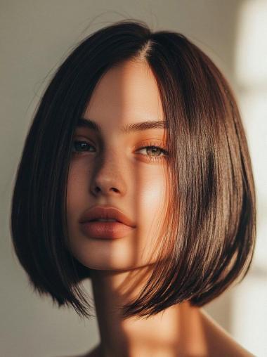 Medium Straight Wig Bobs Monofilament Synthetic Shoulder Length Brown 12" Wigs