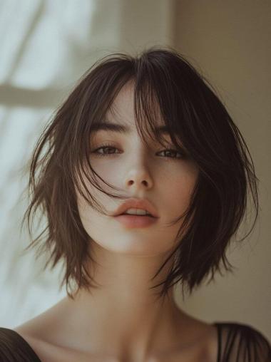 Medium Length Straight Wig 12" Bobs Remy Human Hair Brown Monofilament Wigs