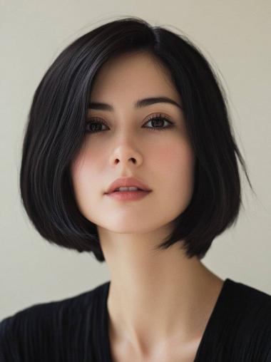 Medium Length Straight Wig 12" Bobs Synthetic Black Monofilament Wigs