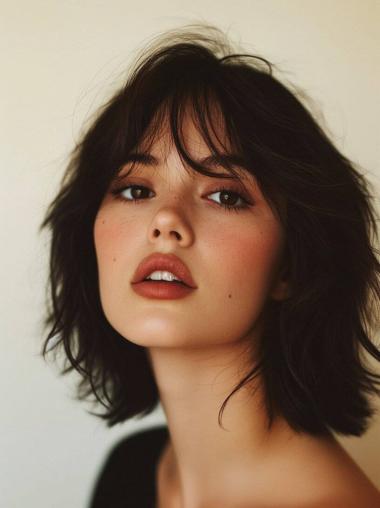 Medium Wigs With Bangs Straight Remy Human Hair Black 12" Lace Front Wigs