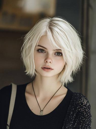 Medium Length Straight Wig 12" Bobs Synthetic Platinum Blonde Monofilament Wigs