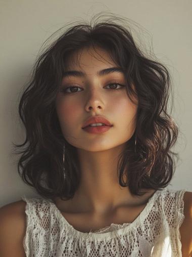 Medium Curly Wig Shoulder Length Remy Human Hair Bobs Brown Lace Front 14" Wigs