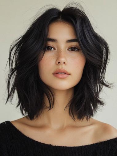 Medium Length Wavy Wig 14" Without Bangs Remy Human Hair Monofilament Black Wigs