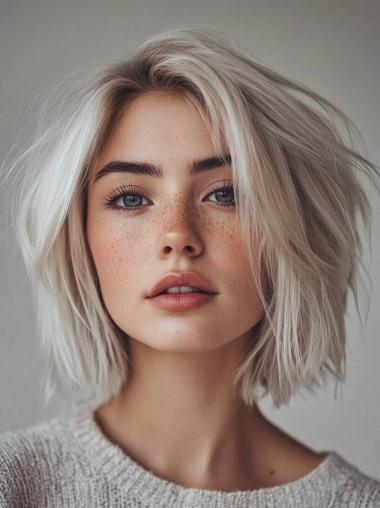 Medium Length Straight Wig 12" Without Bangs Remy Human Hair Platinum Blonde Lace Front Wigs