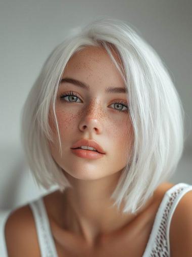 Medium Straight Hair Wig Lace Front Silver Bobs 12" Shoulder Length Wigs