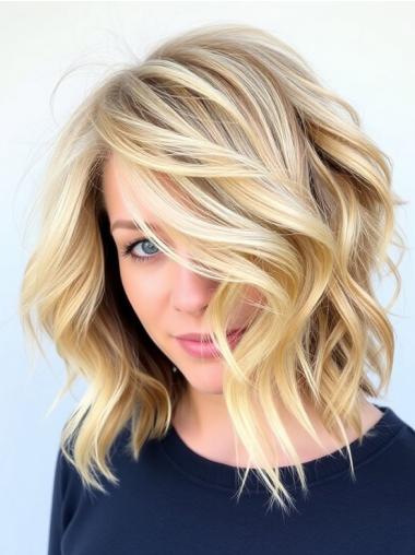 Blonde Wavy Wig Medium 14" Without Bangs Lace Front Remy Human Hair Shoulder Length Wigs