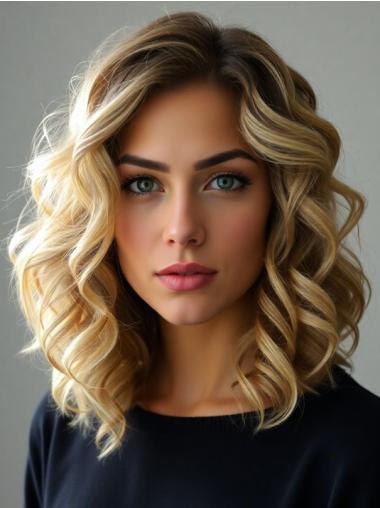 Medium Curly Wig Shoulder Length Remy Human Hair Without Bangs Blonde Monofilament 14" Wigs