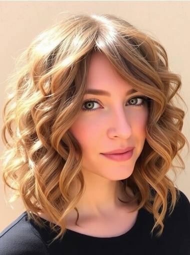 Medium Curly Wig Shoulder Length Synthetic Without Bangs Blonde Lace Front 14" Wigs