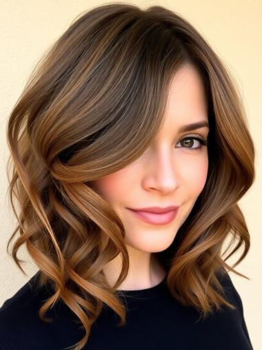 Wavy Wig Medium Length Lace Front Without Bangs 14" Remy Human Hair Ombre/2 Tone Wigs
