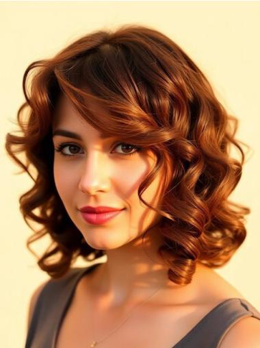 Wig Medium Brown Without Bangs Lace Front Remy Human Hair 12" Curly Wigs