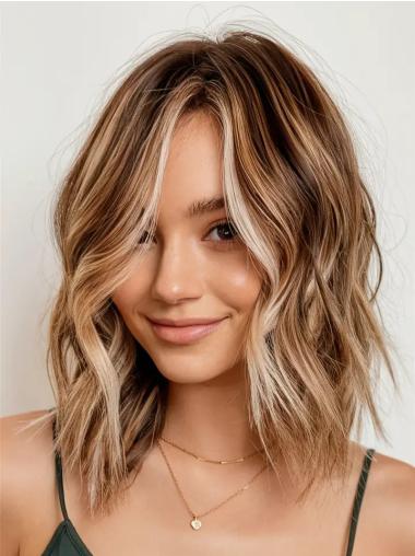 Wavy Wig Medium Length Lace Front Without Bangs Ombre/2 Tone 14" Remy Human Hair Wigs