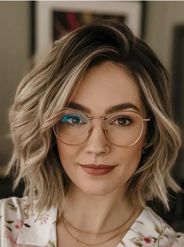 Wavy Wig Medium Length Monofilament Without Bangs Ombre/2 Tone 12" Remy Human Hair Wigs