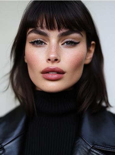 Medium Wigs With Bangs Straight Synthetic Black 14" Monofilament Wigs