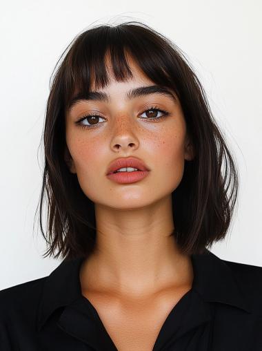 Wigs Medium Length With Bangs 12" Straight Remy Human Hair Monofilament Black Wigs