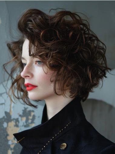 Wig Medium Brown Bobs Lace Front Synthetic 10" Curly Wigs