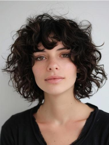 Curly Medium Wig Bobs Lace Front Remy Human Hair Shoulder Length 12" Black Wigs