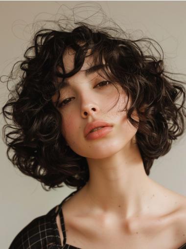 Wig Medium Brown Bobs Lace Front Synthetic 12" Curly Wigs