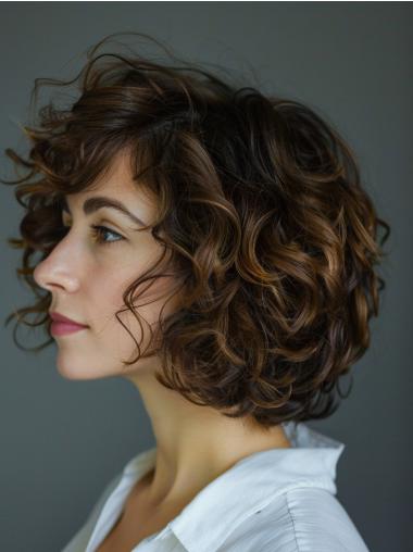 Curly Medium Wig Bobs Lace Front Remy Human Hair Shoulder Length 12" Brown Wigs