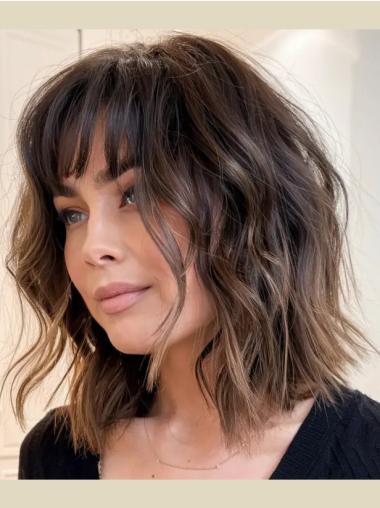 Wigs Medium Length With Bangs 14" Wavy Remy Human Hair Lace Front Brown Wigs