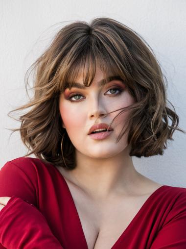 Wigs Medium Length With Bangs 12" Wavy Synthetic Lace Front Brown Wigs