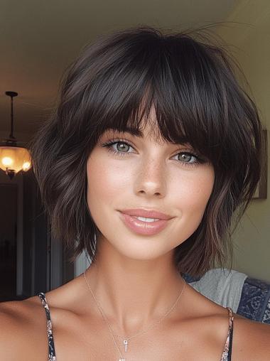 Medium Length Wigs With Bangs Black Straight 12" With Bangs Lace Front Wigs