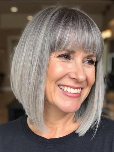Medium Length Wigs With Bangs Grey Straight 14" With Bangs Monofilament Wigs