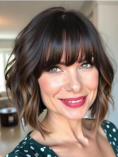 Medium Length Wavy Wig 12" With Bangs Remy Human Hair Lace Front Ombre/2 Tone Wigs