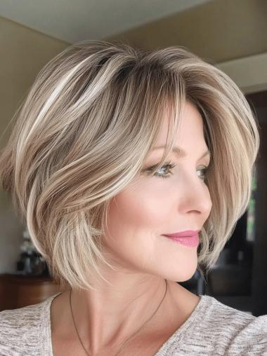 Straight Medium Length Wig Monofilament Bobs 10" Blonde Remy Human Hair Wigs