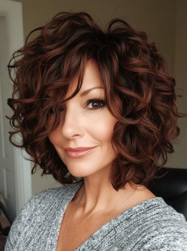 Curly Medium Wig Bobs Lace Front Remy Human Hair Shoulder Length 14" Auburn Wigs