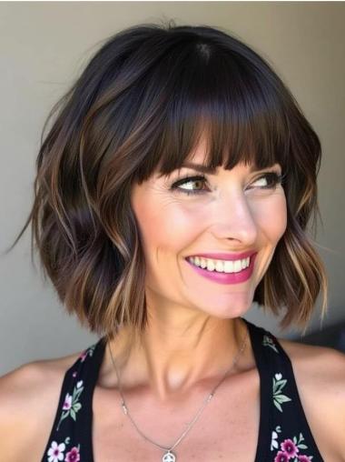 Medium Length Wavy Wig 12" With Bangs Remy Human Hair Lace Front Ombre/2 Tone Wigs