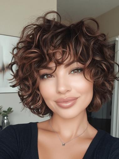 Curly Wigs Medium Length Remy Human Hair Bobs 10" Monofilament Brown Wigs