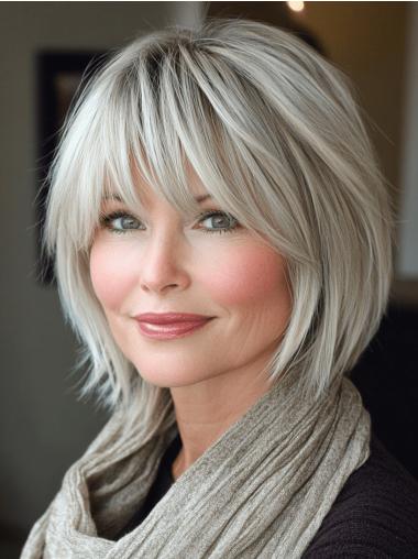 Straight Medium Length Wig Monofilament With Bangs 10" Grey Synthetic Wigs