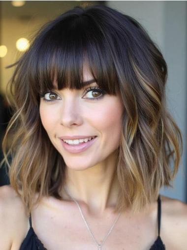 Medium Length Lace Wig Wavy With Bangs 14" Ombre/2 Tone Remy Human Hair Wigs