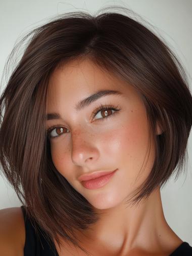 Medium Length Lace Wig Straight Bobs 12" Auburn Remy Human Hair Wigs