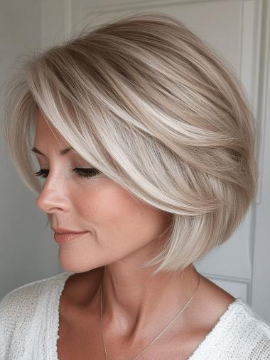 Medium Length Lace Wig Straight Bobs 10" Platinum Blonde Remy Human Hair Wigs