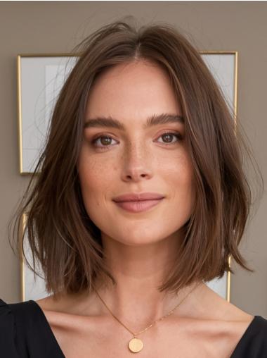 Medium Brown Lace Wig Synthetic Shoulder Length 14" Straight Without Bangs Wigs