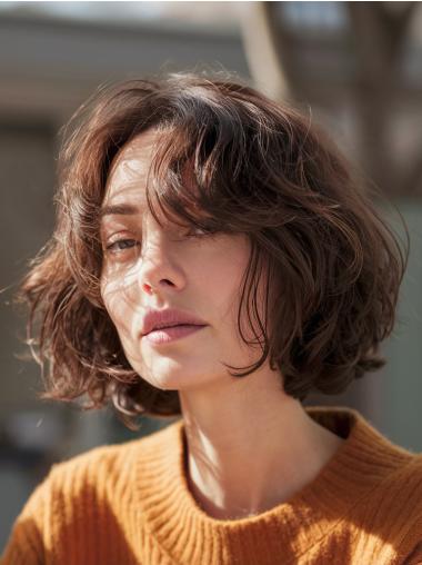 Medium Brown Wavy Wig Shoulder Length 12" Bobs Remy Human Hair Lace Front Wigs