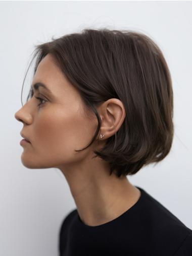 Medium Brown Lace Wig Remy Human Hair Chin Length 10" Straight Bobs Wigs