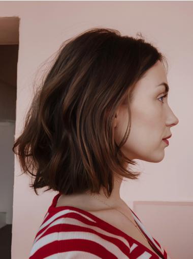 Medium Brown Lace Wig Synthetic Shoulder Length 14" Straight Bobs Wigs