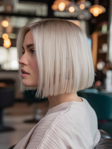 Medium Length Lace Wig Straight Bobs 12" Platinum Blonde Remy Human Hair Wigs