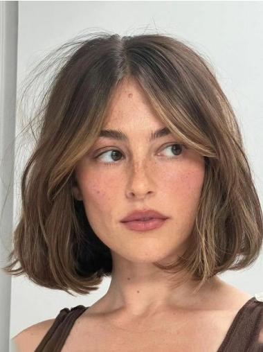 Medium Brown Lace Wig Remy Human Hair Shoulder Length 12" Straight Bobs Wigs