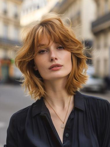 Medium Blonde Wavy Wig Lace Front With Bangs 14" Shoulder Length Synthetic Wigs