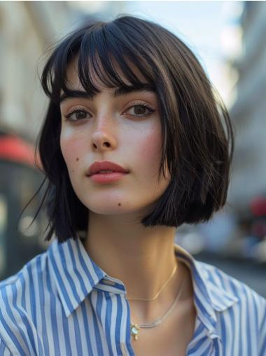 Straight Medium Hair With Bangs 10" Black Monofilament Chin Length Wigs