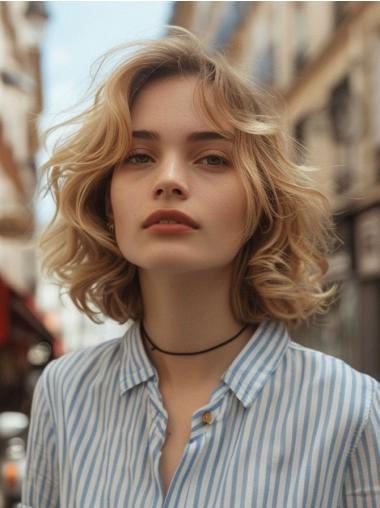 Medium Blonde Wavy Wig Monofilament Without Bangs 14" Shoulder Length Remy Human Hair Wigs